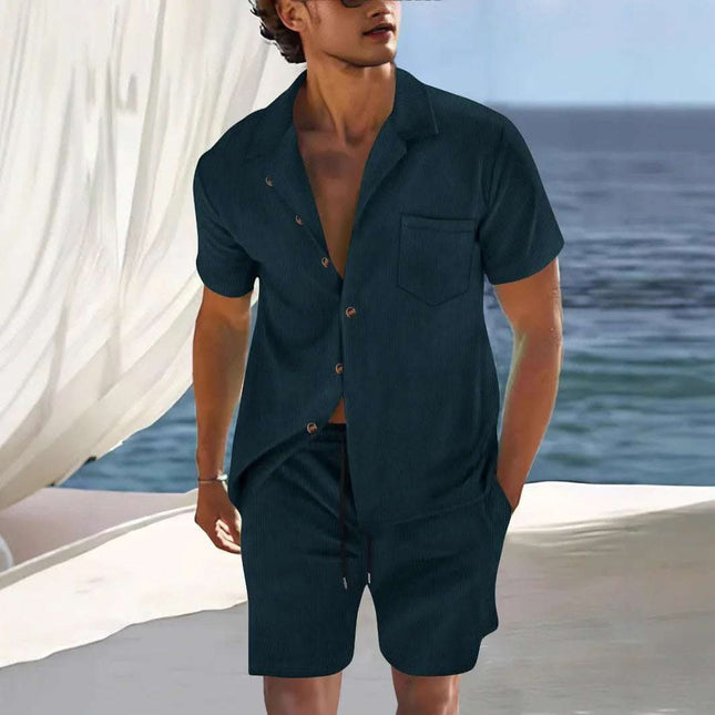 Men's Europe And America Cross Border Polyester Short Sleeve Cuban Collar Shirt Summer Suit Fendax 0