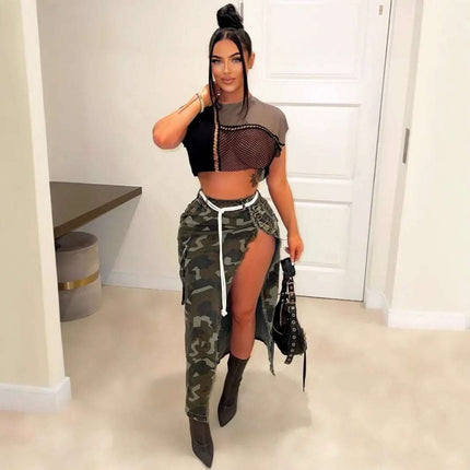 Women's Fashion Personalized Camouflage Wash Pocket Slit Tassel Skirt Fendax 0