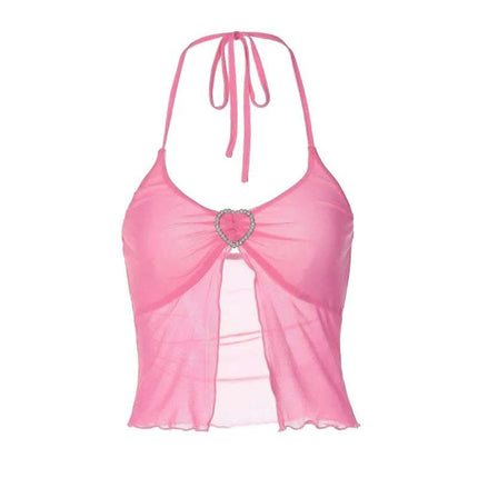Hot Girl's Sexy Pink Mesh Stitching Chest-wrapped Halter Vest Fendax 0