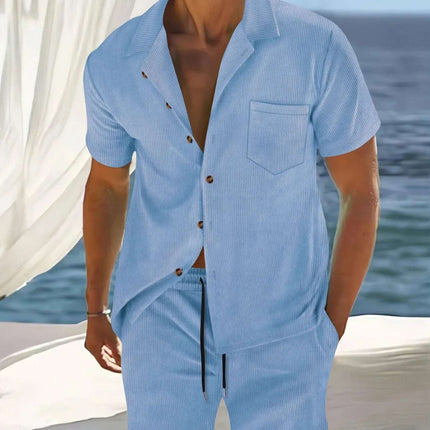 Men's Europe And America Cross Border Polyester Short Sleeve Cuban Collar Shirt Summer Suit Fendax 0