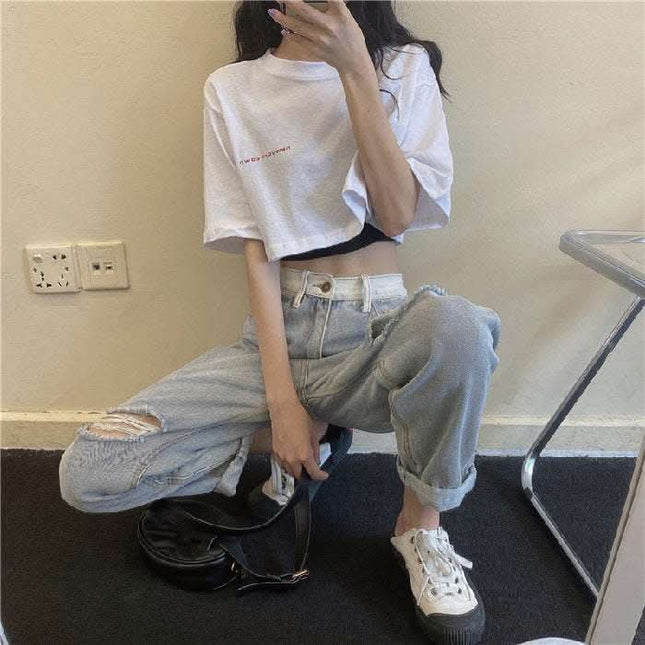 Two-Piece Set Crop-top Short Top Loose High Waist T-shirt Women Fendax 0