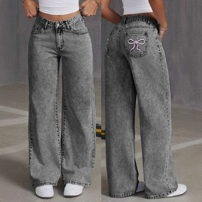 Vintage Bow Embroidered Washed Jeans For Women Straight Loose Trousers Fendax 0