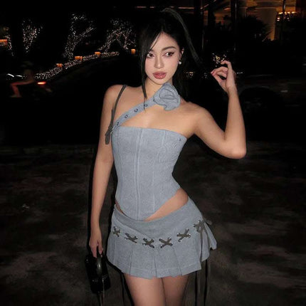 Spring New Women's Solid Color Slim-fitting Suspenders Vest Sexy Low Waist Pleated Skirt Fendax 0