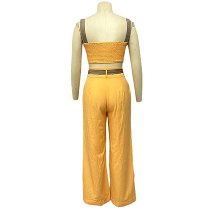 European And American Crop-top Spaghetti-strap High Waist Straight Pants Two-piece Set Fendax 0
