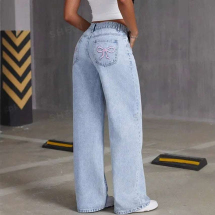 Vintage Bow Embroidered Washed Jeans For Women Straight Loose Trousers Fendax 0