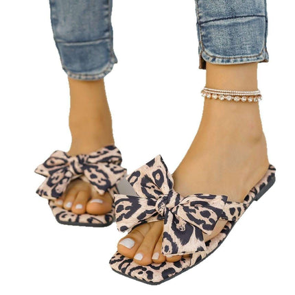 Women's Bow Leopard Print Square Toe Sandals Fendax 0