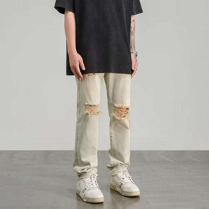 Ripped Jeans Men's Thin Yellow Mud Color Wide Leg Fendax 0