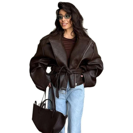 Lady Temperament Short Lace Up Leather Coat Fendax 0