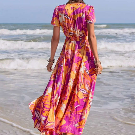 Printed V-Neck Short Sleeve Midi Dress Fendax Women