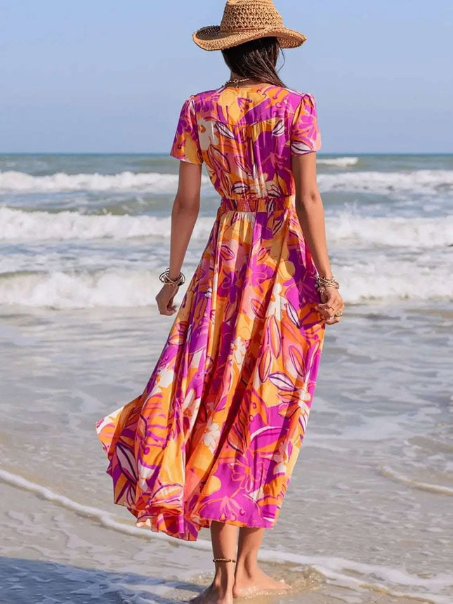 Printed V-Neck Short Sleeve Midi Dress Fendax Women