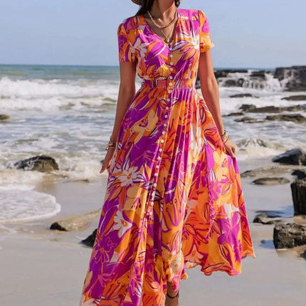 Printed V-Neck Short Sleeve Midi Dress Fendax Women