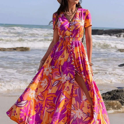 Printed V-Neck Short Sleeve Midi Dress Fendax Women