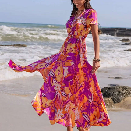 Printed V-Neck Short Sleeve Midi Dress Fendax Women
