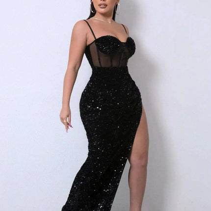 Sequin Spliced Mesh Adjustable Strap Dress Fendax Women