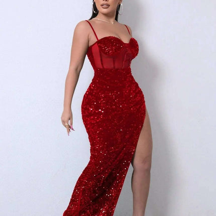 Sequin Spliced Mesh Adjustable Strap Dress Fendax Women