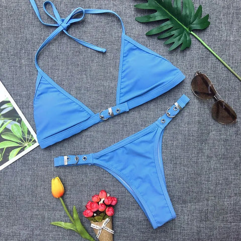 Trendsi 0 Blue / S Swimwear Adjust Swimming Suit for Women Bikinis Sexy Solid Swimsuit Female Black Thong Bikini Set Brazilian Bathing Suits