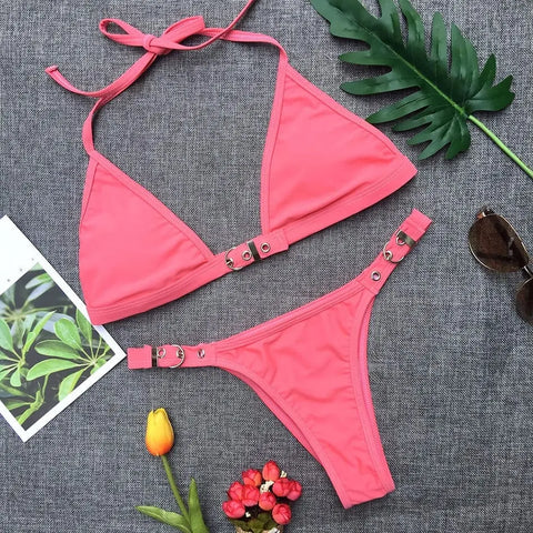 Trendsi 0 Pink / L Swimwear Adjust Swimming Suit for Women Bikinis Sexy Solid Swimsuit Female Black Thong Bikini Set Brazilian Bathing Suits