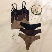 Trendsi 0 Women Seamless Bra Set Sexy Thong Low Waist Panties Wire Free Bra Bralette Lingerie Brassiere Ice Silk Female Underwear Set