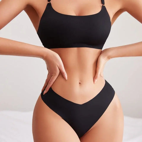 Trendsi 0 Women Seamless Bra Set Sexy Thong Low Waist Panties Wire Free Bra Bralette Lingerie Brassiere Ice Silk Female Underwear Set