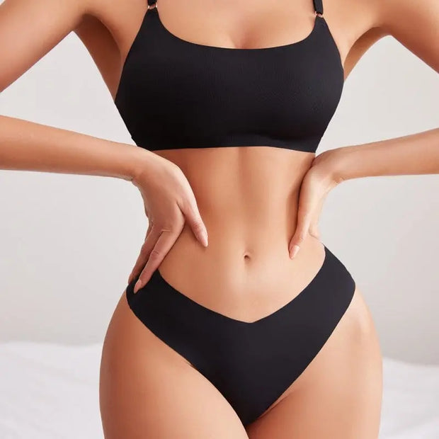 Trendsi 0 Women Seamless Bra Set Sexy Thong Low Waist Panties Wire Free Bra Bralette Lingerie Brassiere Ice Silk Female Underwear Set