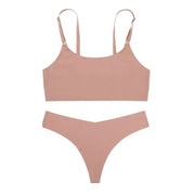 Trendsi 0 Skin apricot / S Women Seamless Bra Set Sexy Thong Low Waist Panties Wire Free Bra Bralette Lingerie Brassiere Ice Silk Female Underwear Set