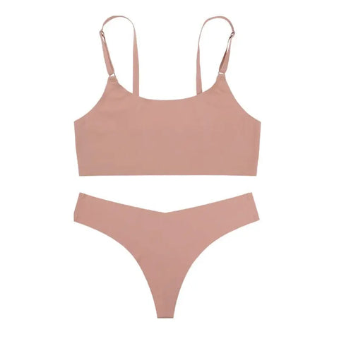 Trendsi 0 Skin apricot / S Women Seamless Bra Set Sexy Thong Low Waist Panties Wire Free Bra Bralette Lingerie Brassiere Ice Silk Female Underwear Set