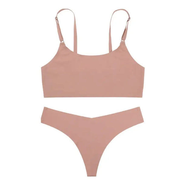 Trendsi 0 Skin apricot / S Women Seamless Bra Set Sexy Thong Low Waist Panties Wire Free Bra Bralette Lingerie Brassiere Ice Silk Female Underwear Set