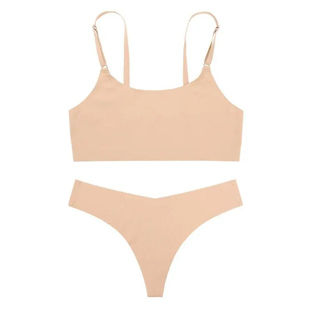 Trendsi 0 Skin color / S Women Seamless Bra Set Sexy Thong Low Waist Panties Wire Free Bra Bralette Lingerie Brassiere Ice Silk Female Underwear Set