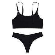 Trendsi 0 Black / S Women Seamless Bra Set Sexy Thong Low Waist Panties Wire Free Bra Bralette Lingerie Brassiere Ice Silk Female Underwear Set