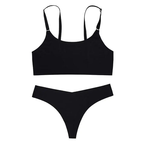 Trendsi 0 Black / S Women Seamless Bra Set Sexy Thong Low Waist Panties Wire Free Bra Bralette Lingerie Brassiere Ice Silk Female Underwear Set