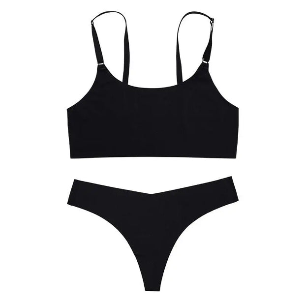 Trendsi 0 Black / S Women Seamless Bra Set Sexy Thong Low Waist Panties Wire Free Bra Bralette Lingerie Brassiere Ice Silk Female Underwear Set