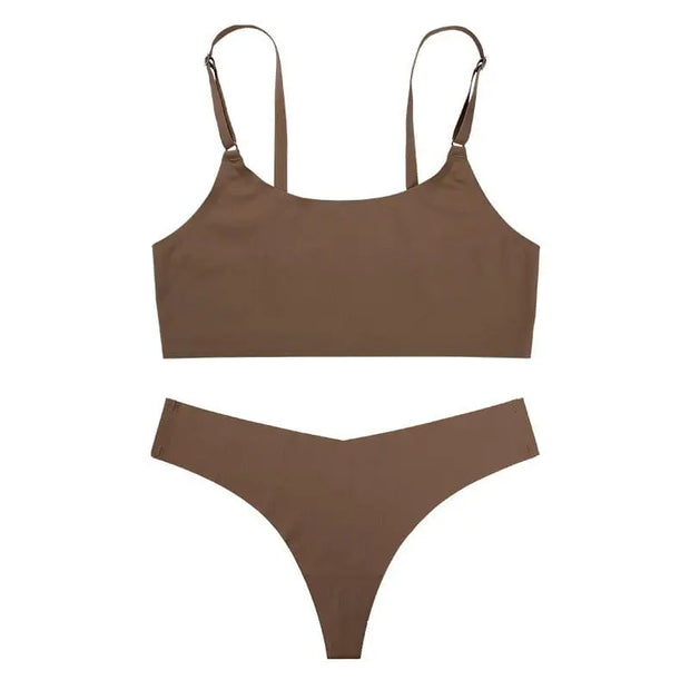 Trendsi 0 Milk curry / S Women Seamless Bra Set Sexy Thong Low Waist Panties Wire Free Bra Bralette Lingerie Brassiere Ice Silk Female Underwear Set