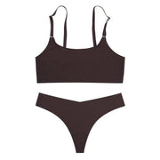 Trendsi 0 Dark brown / S Women Seamless Bra Set Sexy Thong Low Waist Panties Wire Free Bra Bralette Lingerie Brassiere Ice Silk Female Underwear Set