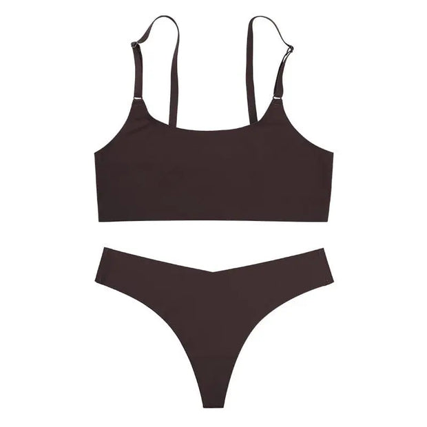 Trendsi 0 Dark brown / S Women Seamless Bra Set Sexy Thong Low Waist Panties Wire Free Bra Bralette Lingerie Brassiere Ice Silk Female Underwear Set