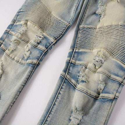 Hand Frayed Beggar Style Distressed Slim Stretch American Men's Jeans Fendax 0