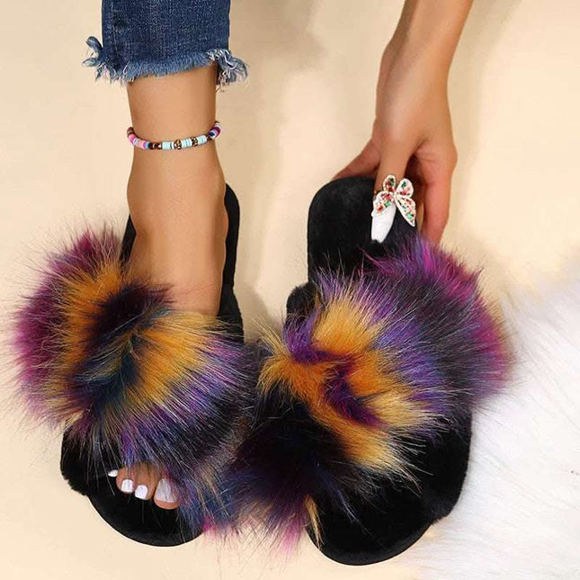 Flat Long Wool Warm Color Matching Plush Slippers Fendax 0