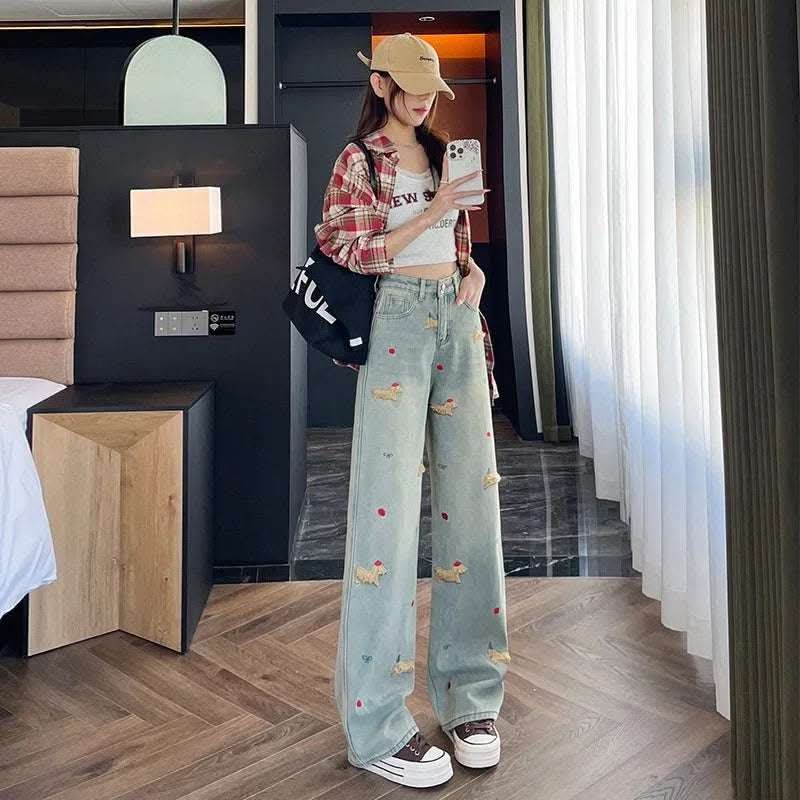 Cartoon Puppy Embroidered High Waist Straight Jeans