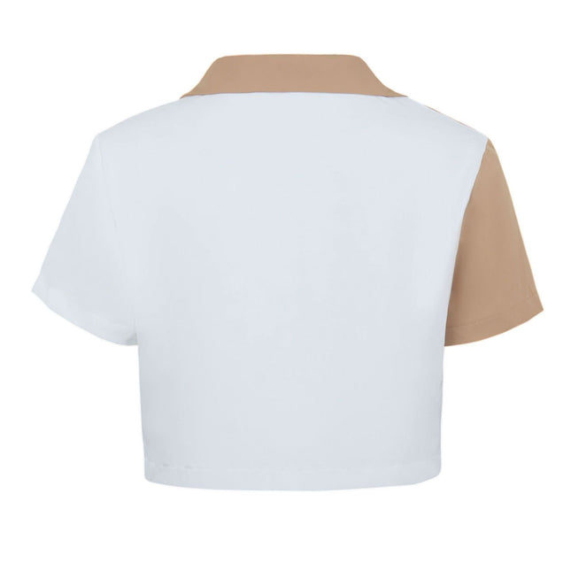 Contrast Paneled Crop Top Pocket Single Breasted Short Sleeve Shirt Fendax 0