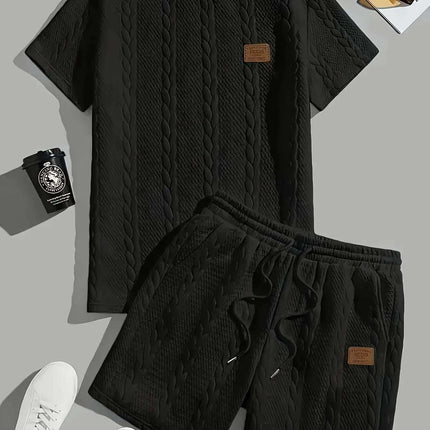 Men's Solid Color Patch Design Rib Short Sleeve Two-piece Set Fendax 0