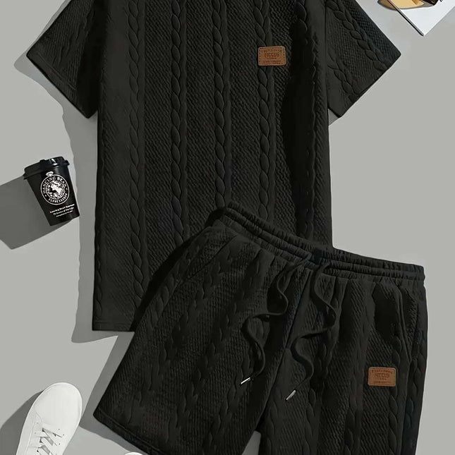 Men's Solid Color Patch Design Rib Short Sleeve Two-piece Set Fendax 0