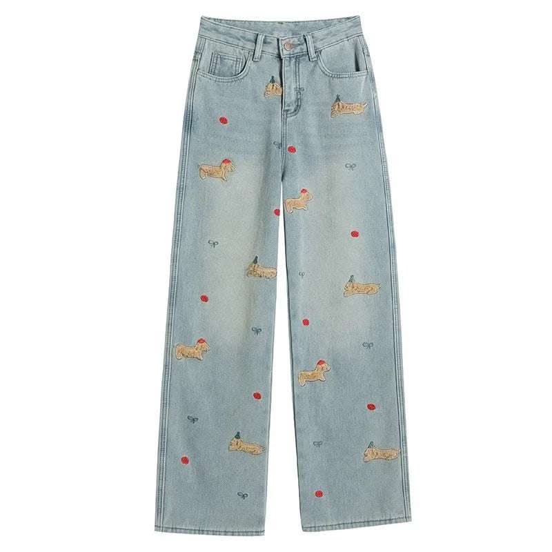 Cartoon Puppy Embroidered High Waist Straight Jeans Fendax 0