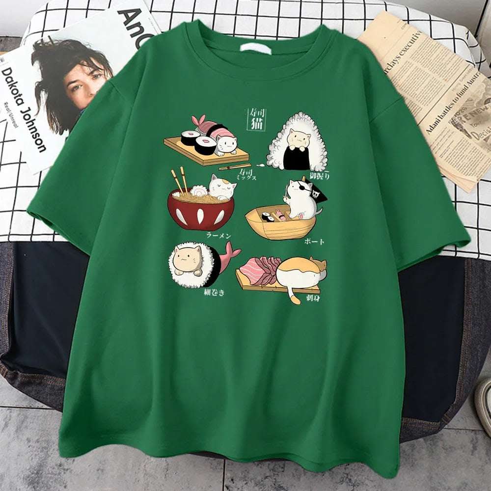 H Cute Cat Sushi Cartoon Style Mens Cotton Short Sleeve Fendax 0