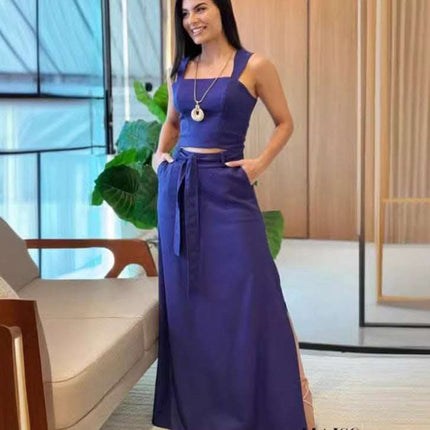 Women's Solid Color Crop-top Spaghetti-strap Top High Waist Long Skirt Sets Fendax 0