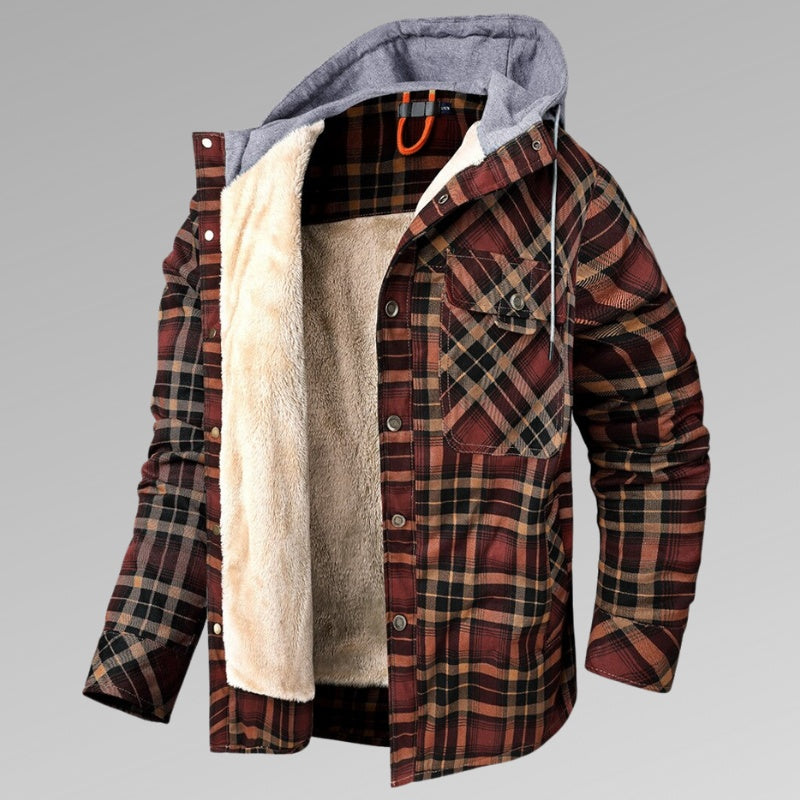 Velvet Thickened Hooded Plaid Shirt Coat