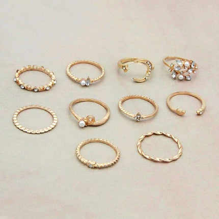 Bohemian Fashion Star Moon Love Pearl Leaf 10-Piece Ring Fendax 0