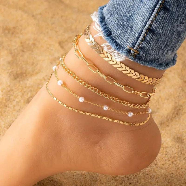 Summer Fashion 5-piece Pearl Anklet Women's Multi-layer Fendax 0