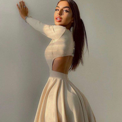 Y2K Long-sleeved Dress With Hollow Design Fashion Solid Color Round Neck A-line Dresses Fall Wainter Women's Clothing