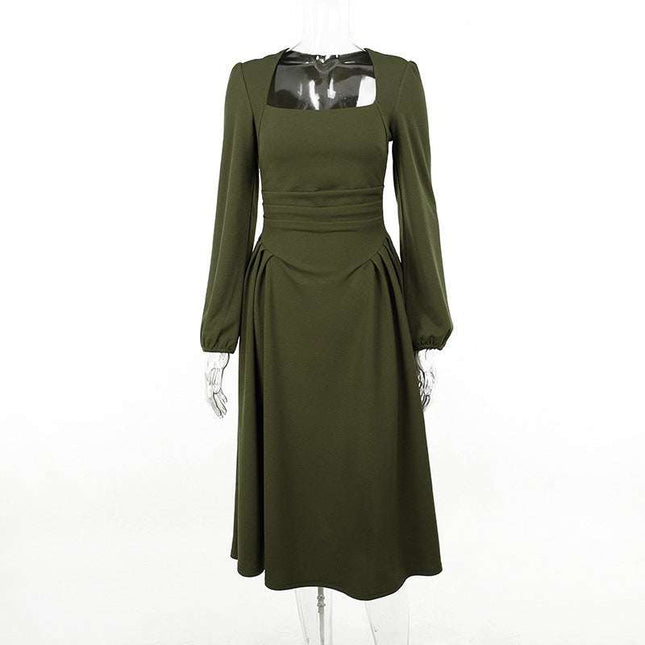 Women's Spring Clothing Woven Square Collar Pleated Skirt Dress