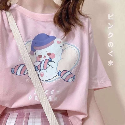 Cute And Sweet Japanese Girl Short-sleeved T-shirt Female Loose And Thin High-waist All-match Short Crop Top Fendax 0