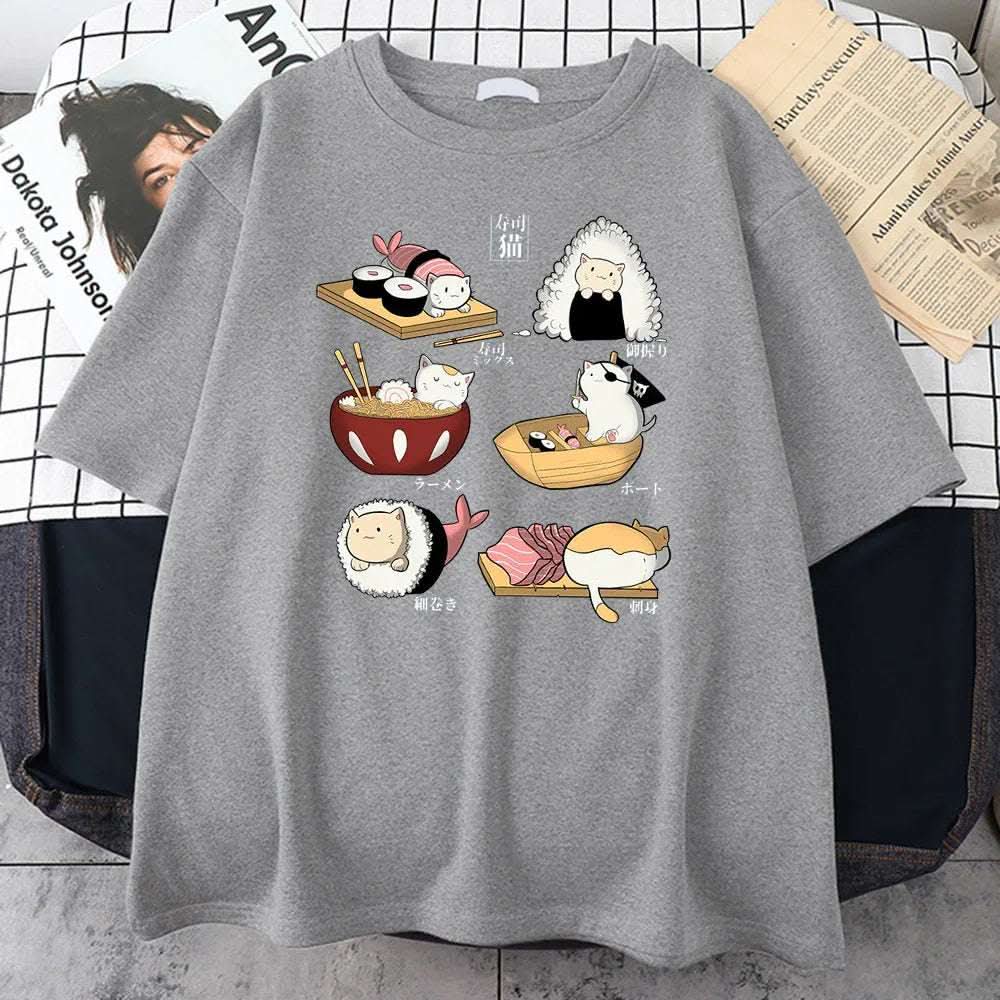 H Cute Cat Sushi Cartoon Style Mens Cotton Short Sleeve Fendax 0